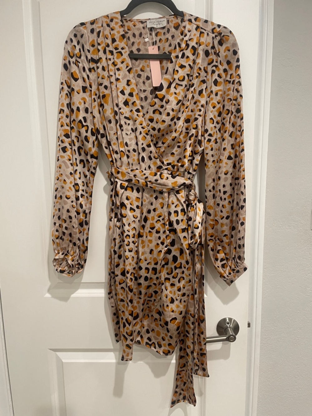 NWT Dress Forum Beige, Mustard & Black Long Sleeve Wrap Dress